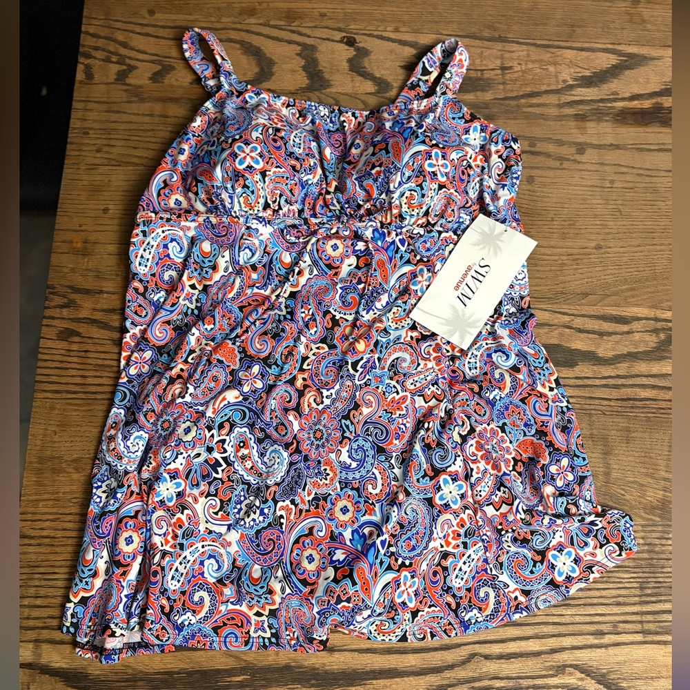 Avenue Womans Paisley Swimming Suit with Draping - Blue, Pink, Orange